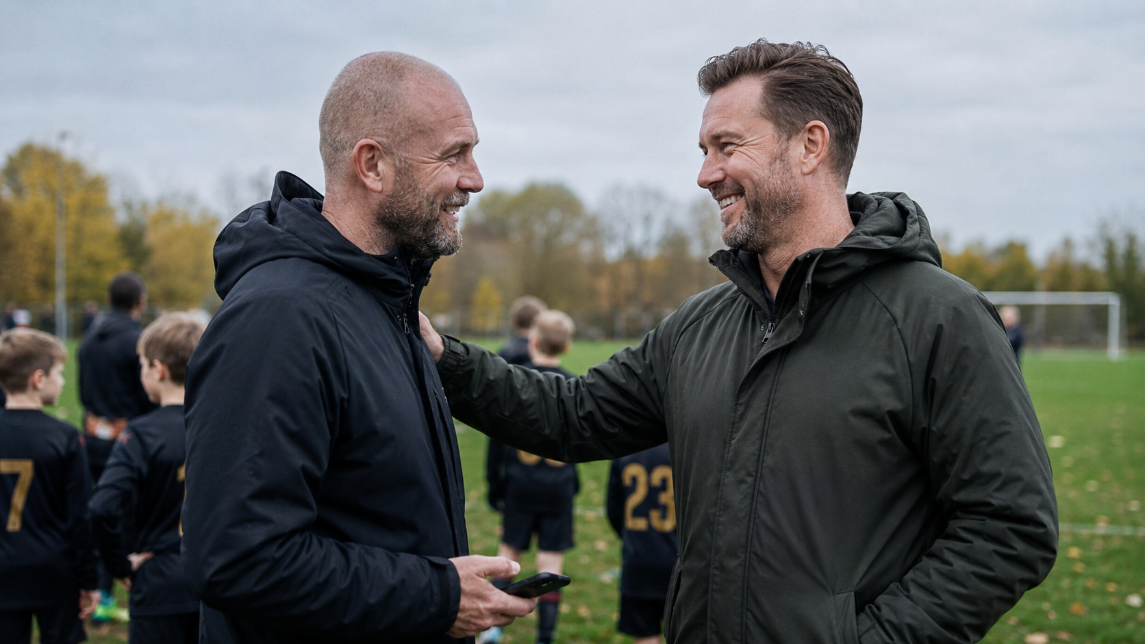En træner står smilende i samtale med en forælder ved sidelinjen efter en kamp, med spillere i baggrunden.