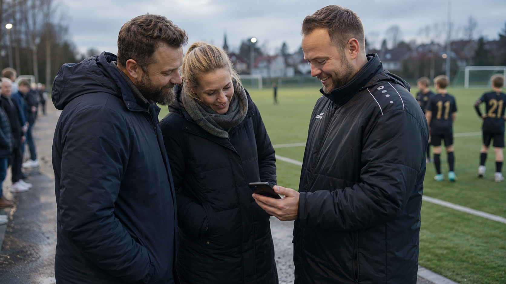Ein Trainer zeigt zwei lächelnden Eltern am Spielfeldrand den Monatsbericht auf seinem Smartphone, im Hintergrund Spieler.