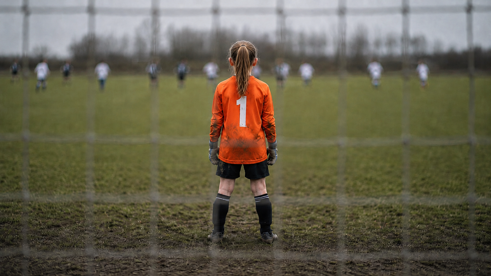 A young goalkeeper in an orange number-one jersey stands alone in goal, seen from behind through the netting, with distant teammates lined up across the pitch.