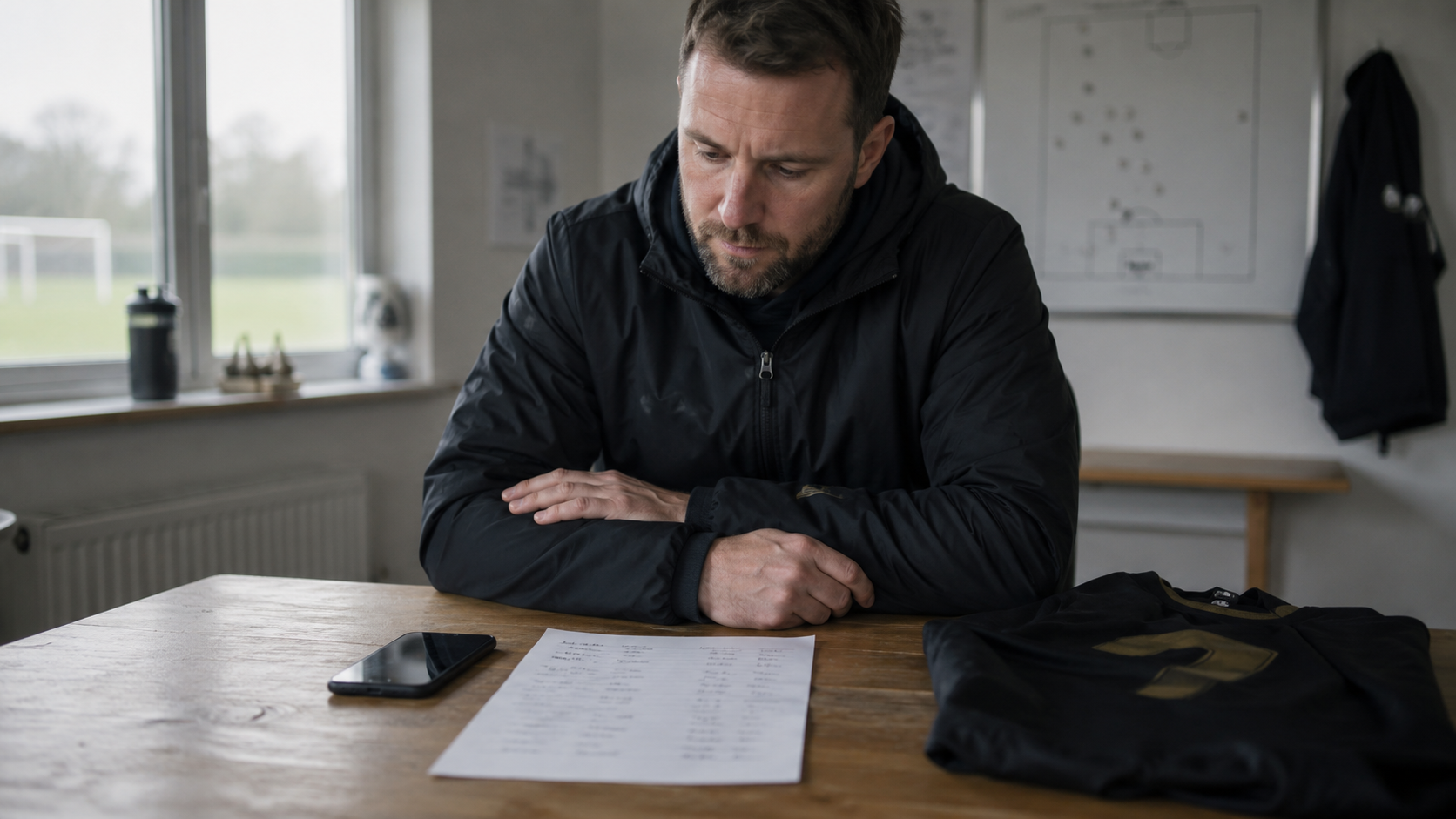 En eftertænksom træner sidder ved et bord med en spillerliste på papir og sin telefon, med en taktiktavle synlig i baggrunden.