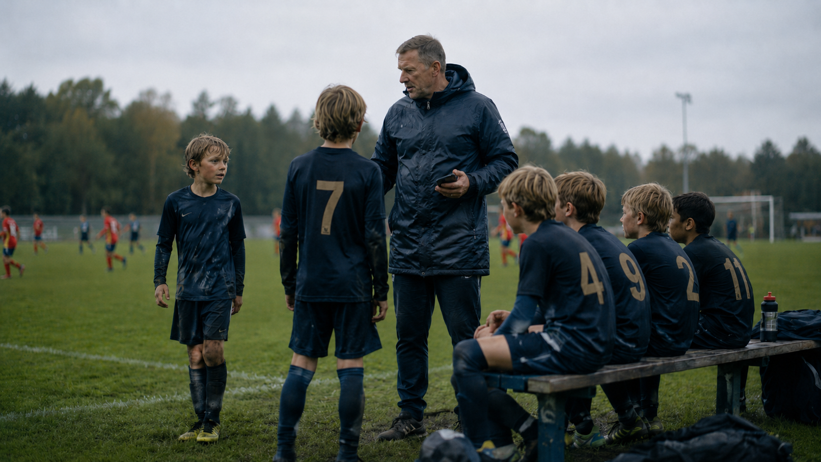 Un entrenador de fútbol base con una carpeta habla con los jugadores en un día lluvioso, con los compañeros alineados en el banquillo.