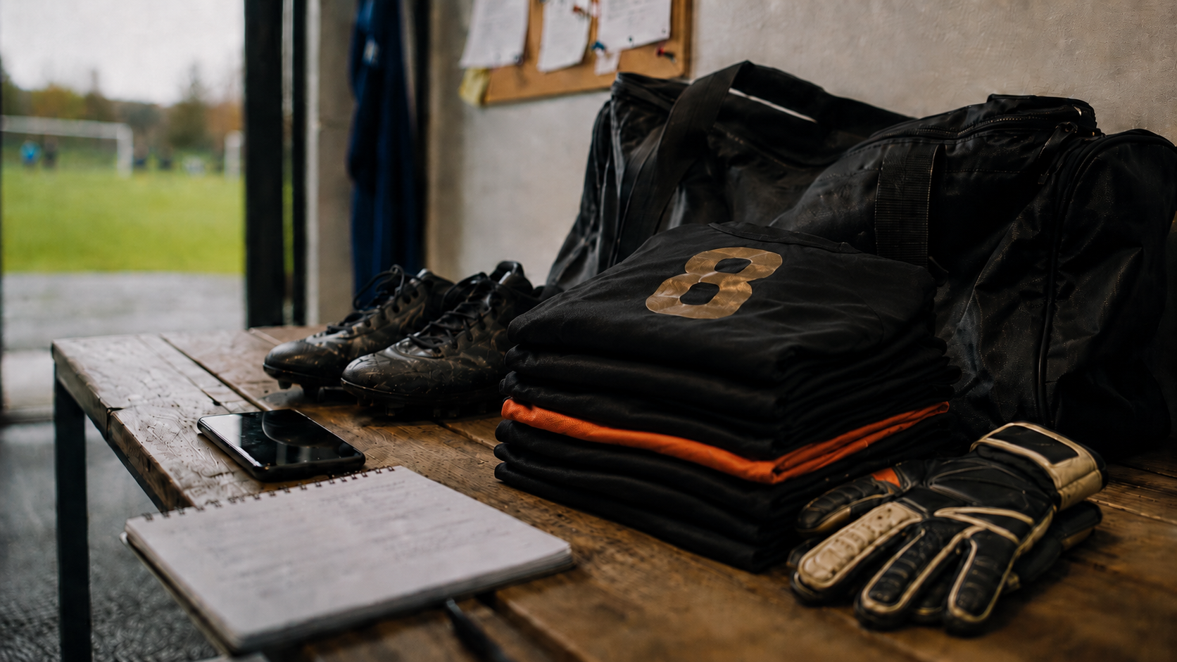 Gefaltete nummerierte Trikots, Fußballschuhe, Torwarthandschuhe und das Notizbuch eines Trainers auf einer Bank am Spielfeldrand.