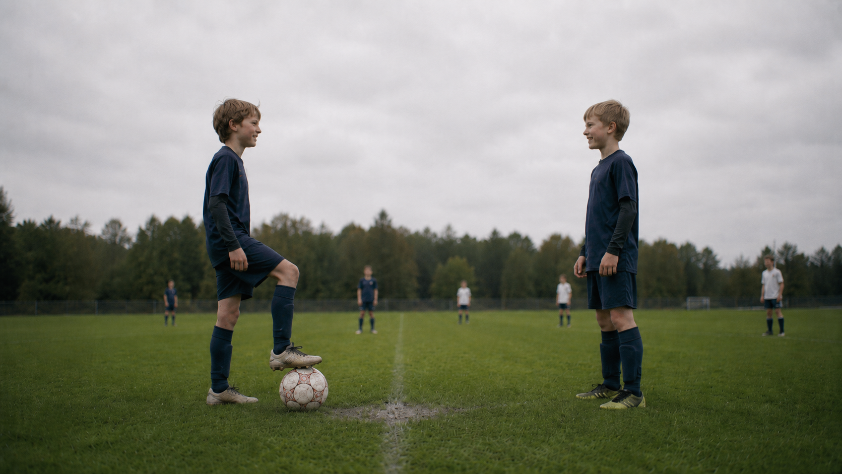 Two young footballers face each other at the centre circle with the ball between them, ready for kick-off.